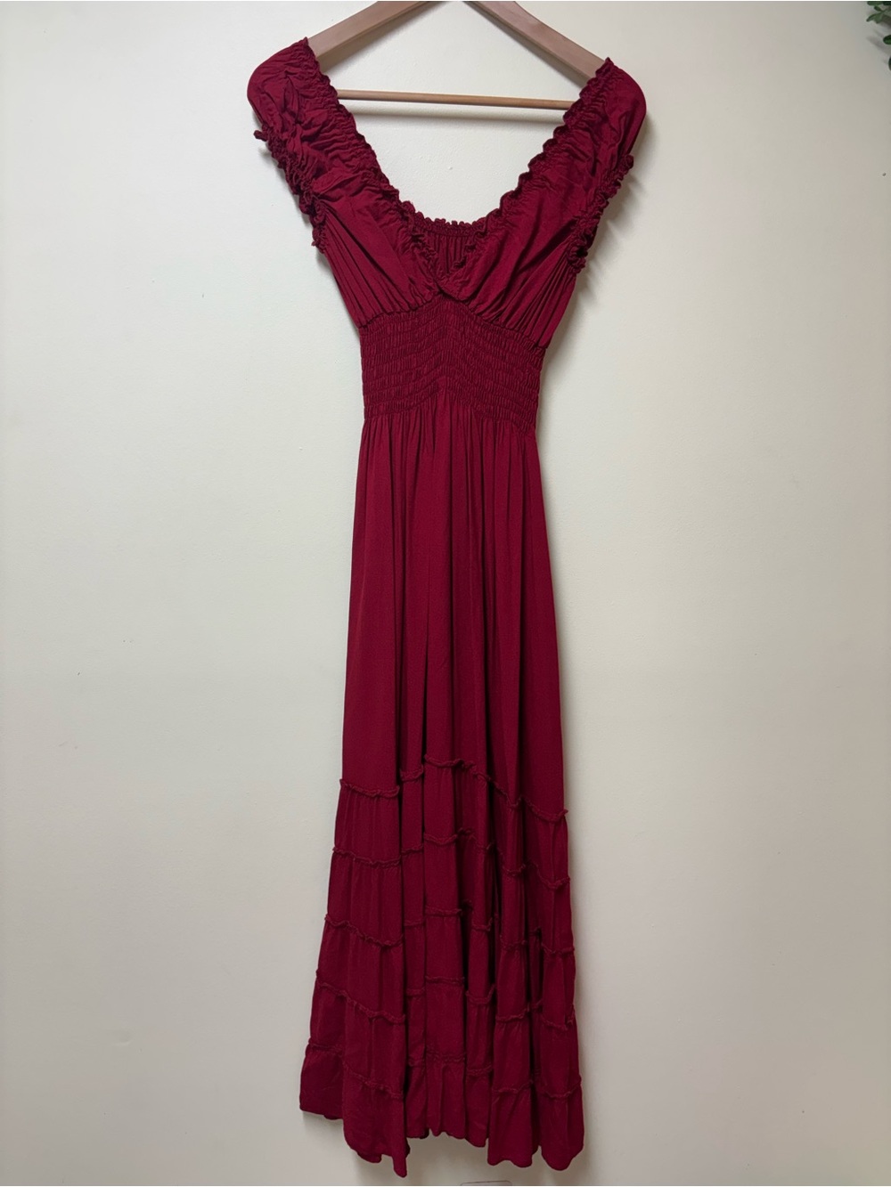 Red Stretch Flowy Tiered Peasant Boho Maxi Festival Dress - Small